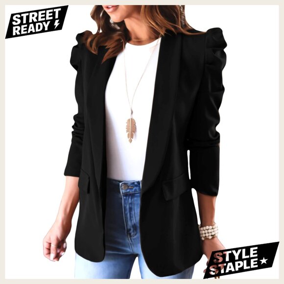 Lightweight Puff Sleeve Blazer with Pockets for Office and Casual Wear